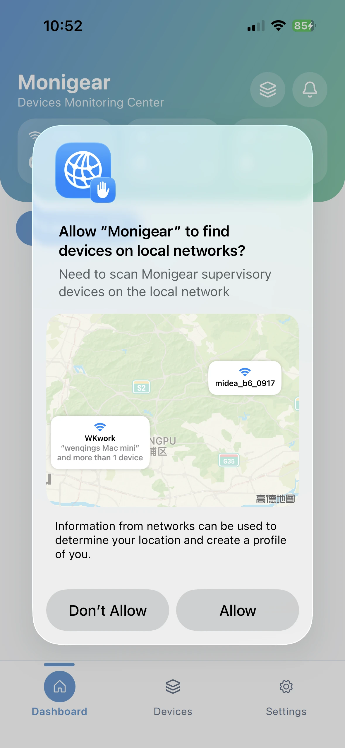 Monigear App - Solicitud de permiso de descubrimiento de red local en iOS