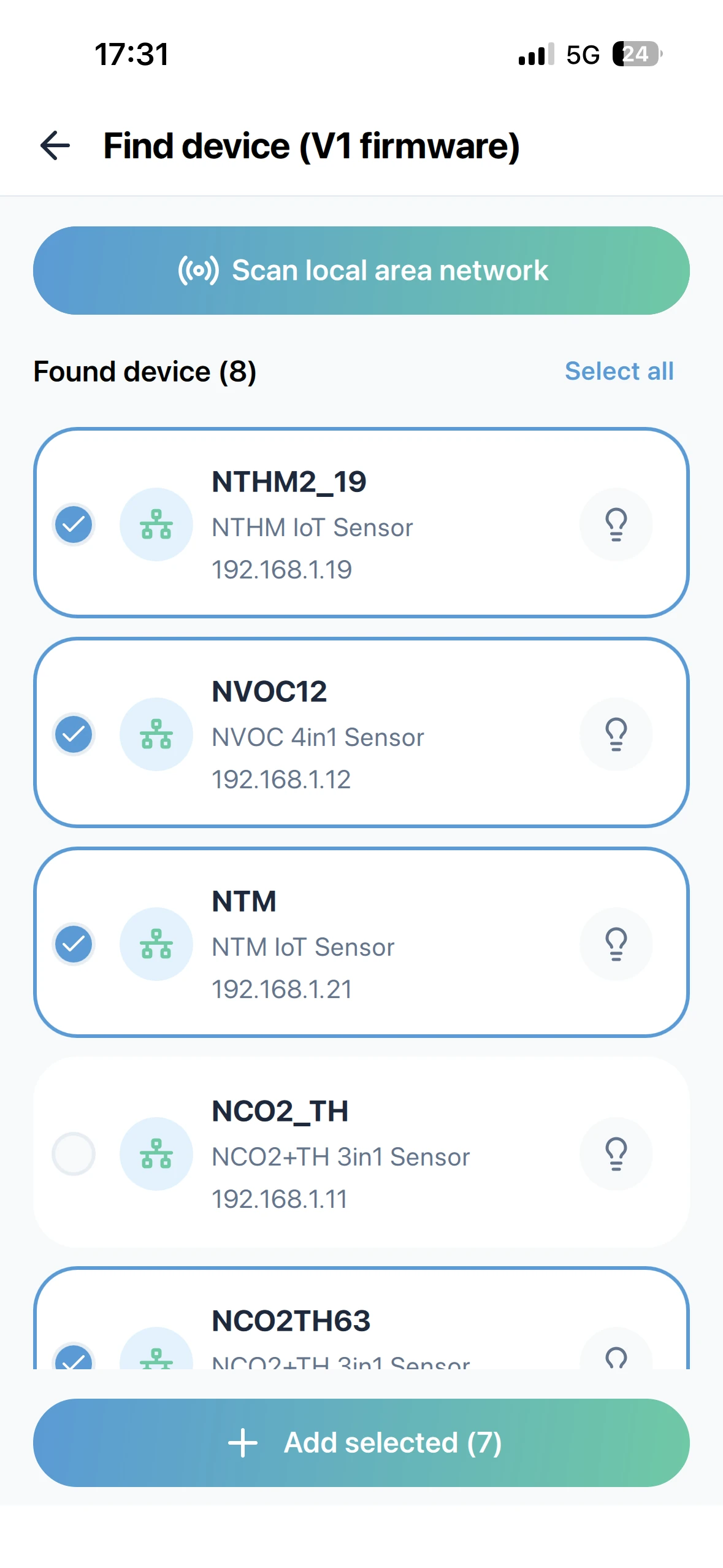 Monigear App - Página de descubrimiento de dispositivos LAN