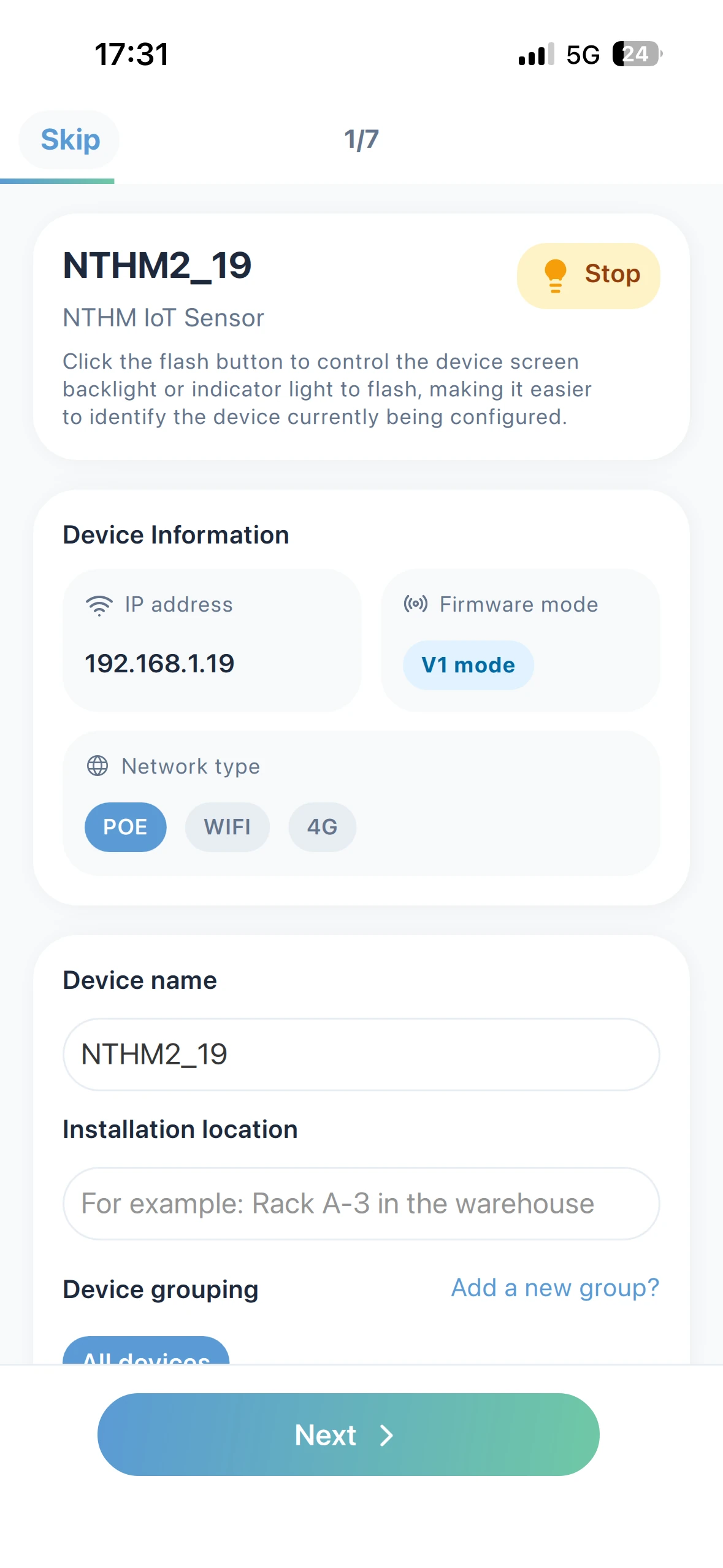 Monigear App - Página de configuración inicial del dispositivo
