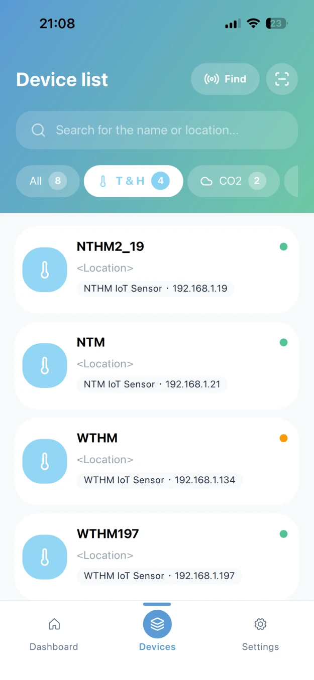 Monigear App - Lista de dispositivos por tipo de producto