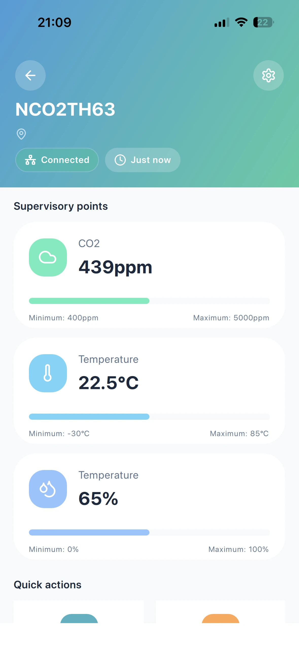 Monigear App - Página de detalles del dispositivo con datos de monitoreo