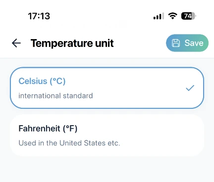 Monigear App - Configuración de unidad de temperatura