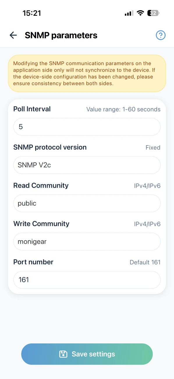 Monigear App - Página de configuración de comunicación local