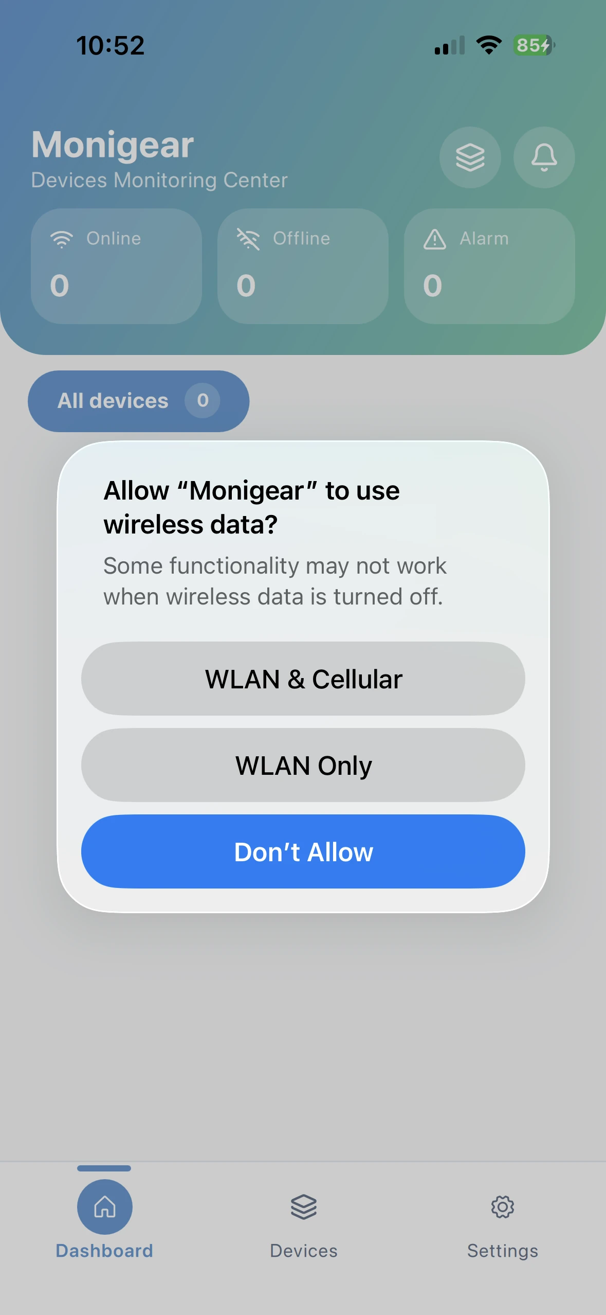 Monigear App - Solicitud de permiso de datos móviles en iOS