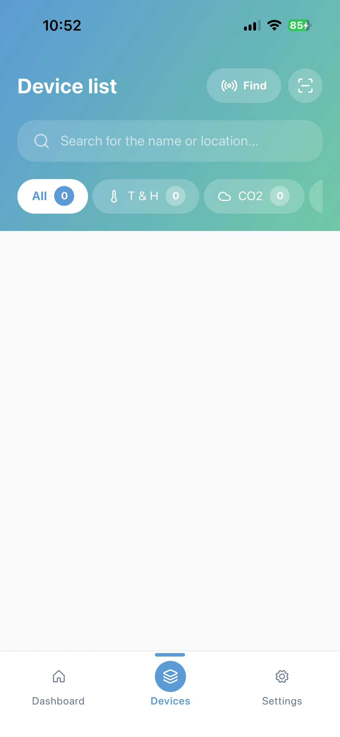 Monigear App - Página de lista de dispositivos con botón de escaneo