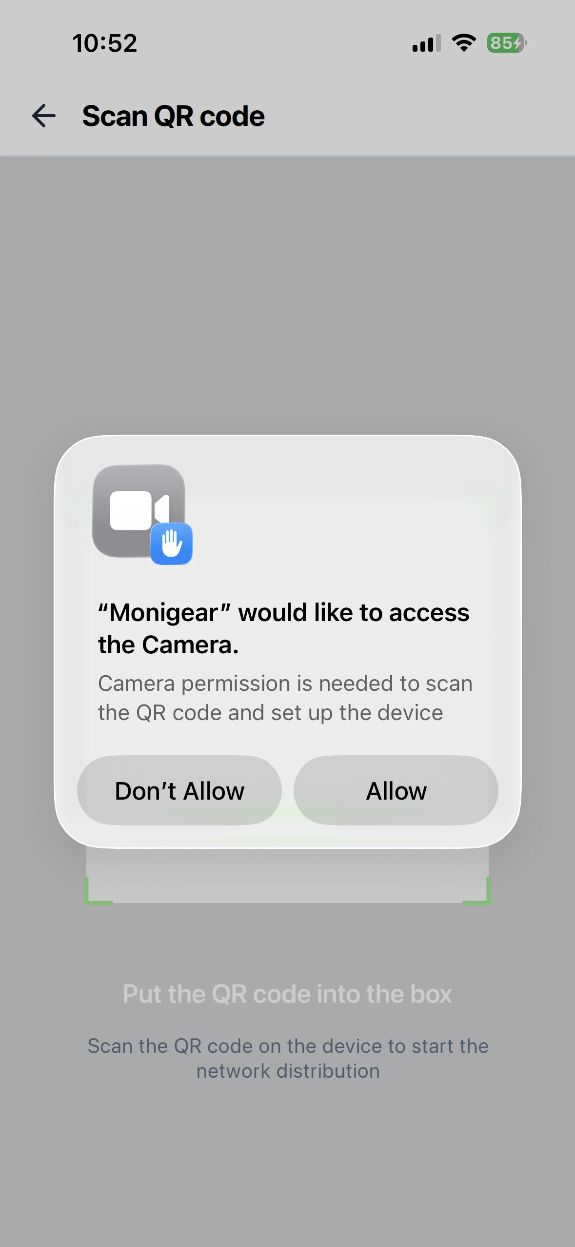 Monigear App - Solicitud de permiso de cámara