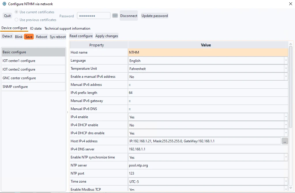 Interfaz detallada de configuración del dispositivo